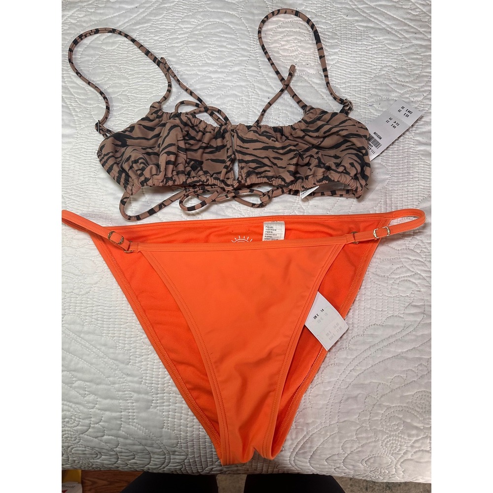 Hollister Bikini Set Women M/L Orange Tiger Print Ruched Strappy Swimsuit NWT